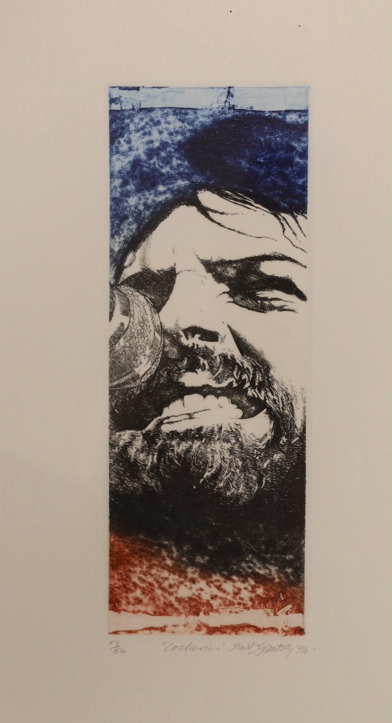 David J.G. Oxtoby (1938-), three limited edition prints, 'Shanghai Noodle Factory Last Exit', 'Cocherin' and 'Mr Rock', together with a watercolour, 'Traffic in Jim's Shoes 1972', largest overall 58 x 59cm